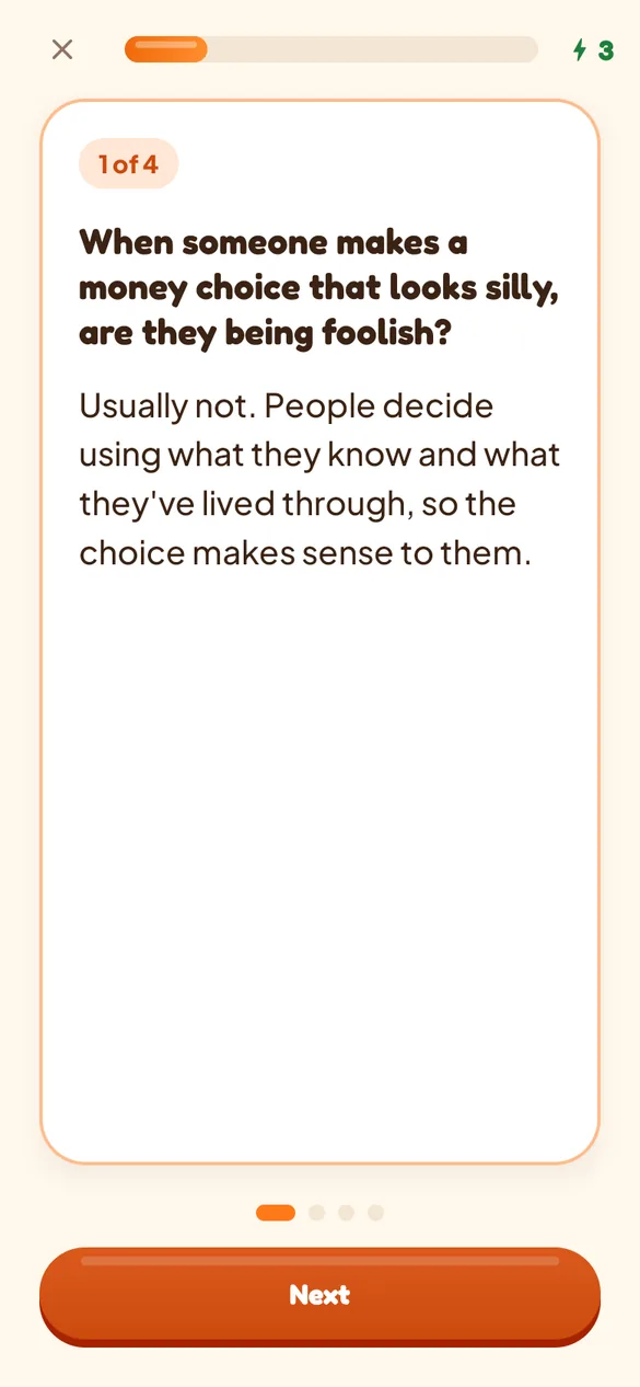 A Yukti lesson card about why money choices make sense to the person making them